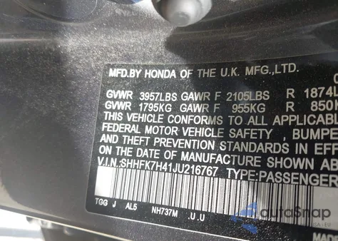 2018 Honda Civic Sport z USA, uszkodzony, nr VIN SHHFK7H41JU216767